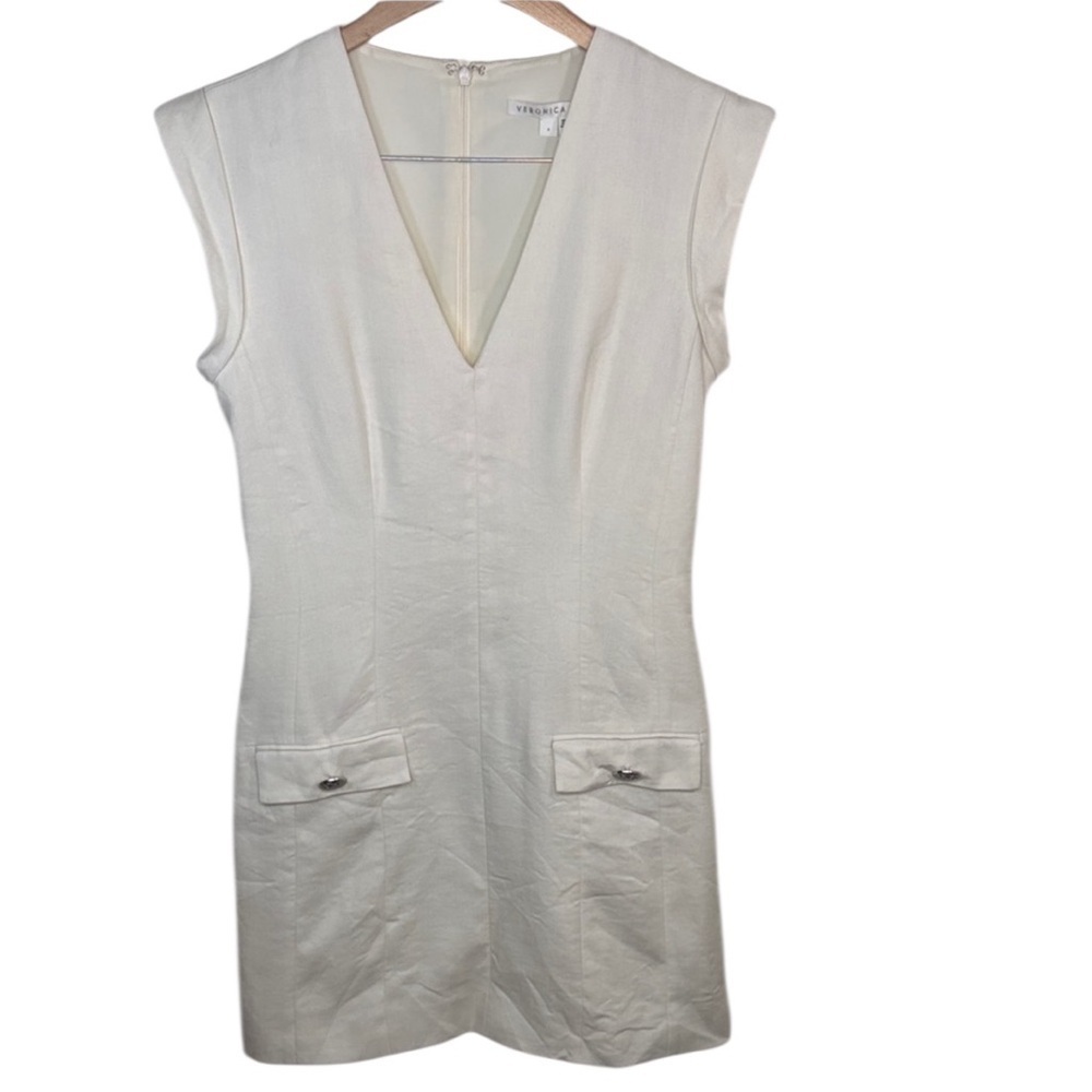 Veronica Beard White Linen Cap Sleeve Deep V Mini Dress Women Size 4 BLEMISH